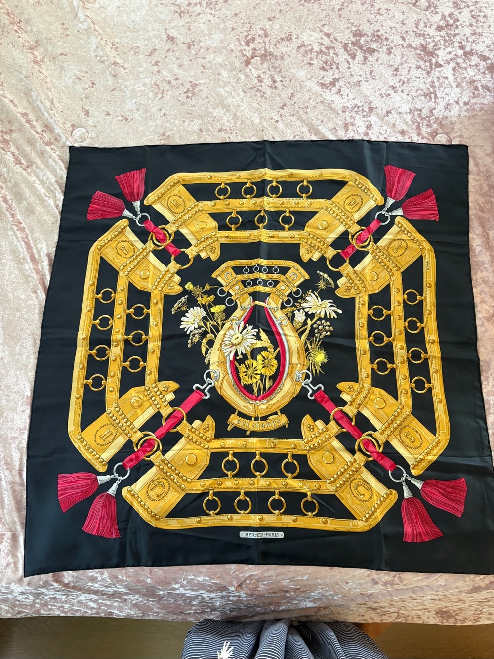 Hermes Black Silk Scarf with Gold Harness Design and Red Tassels